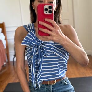 J. Crew Blue and White Striped Tank Top with Off-Shoulder Bow Tie